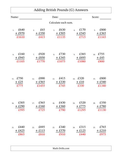 The Adding British Pounds With Amounts from 5 to 995 in Increments of Five Pounds (G) Math Worksheet Page 2