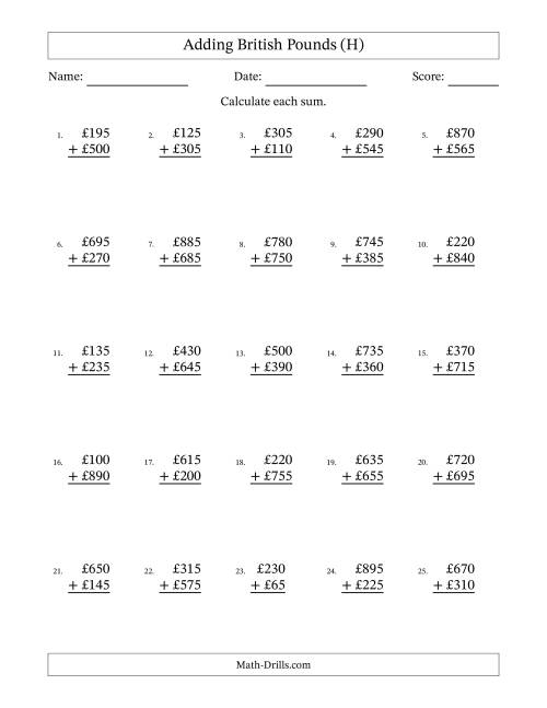 The Adding British Pounds With Amounts from 5 to 995 in Increments of Five Pounds (H) Math Worksheet