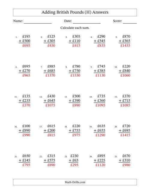 The Adding British Pounds With Amounts from 5 to 995 in Increments of Five Pounds (H) Math Worksheet Page 2