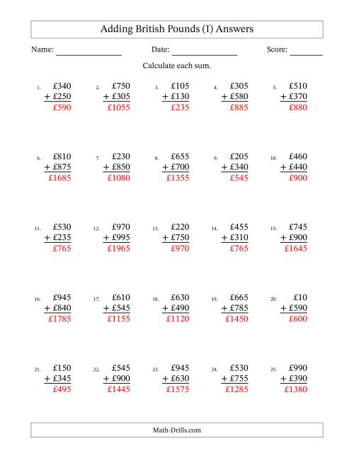 The Adding British Pounds With Amounts from 5 to 995 in Increments of Five Pounds (I) Math Worksheet Page 2