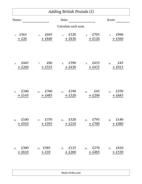 The Adding British Pounds With Amounts from 5 to 995 in Increments of Five Pounds (J) Math Worksheet