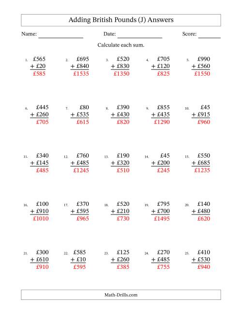 The Adding British Pounds With Amounts from 5 to 995 in Increments of Five Pounds (J) Math Worksheet Page 2