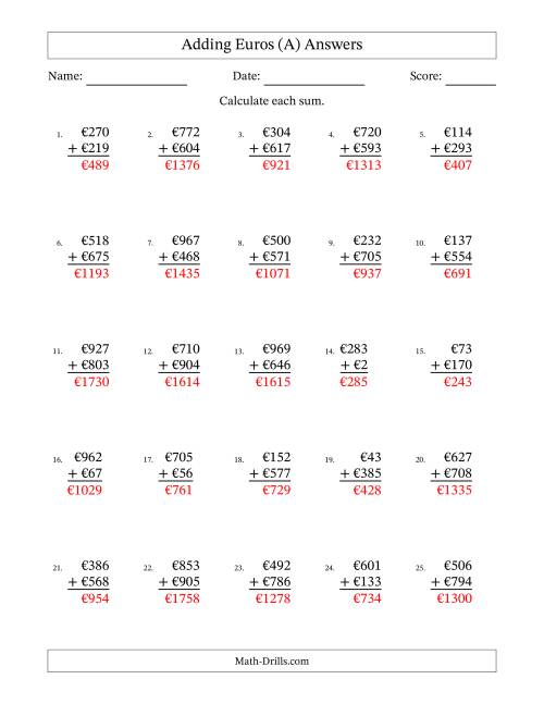 The Adding Euros With Amounts from 1 to 999 in Increments of One Euro (A) Math Worksheet Page 2