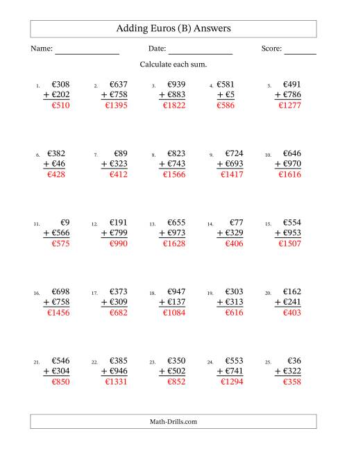 The Adding Euros With Amounts from 1 to 999 in Increments of One Euro (B) Math Worksheet Page 2