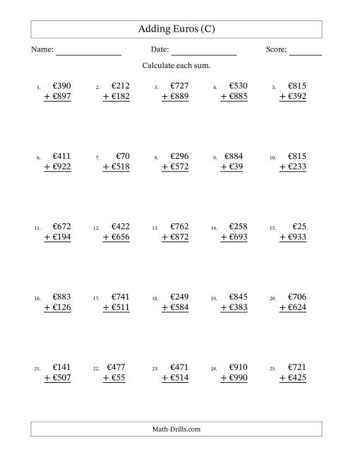 The Adding Euros With Amounts from 1 to 999 in Increments of One Euro (C) Math Worksheet