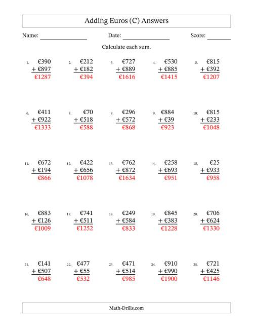 The Adding Euros With Amounts from 1 to 999 in Increments of One Euro (C) Math Worksheet Page 2