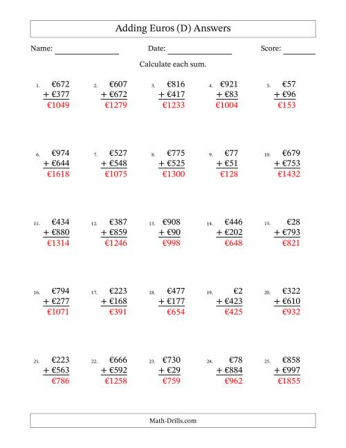 The Adding Euros With Amounts from 1 to 999 in Increments of One Euro (D) Math Worksheet Page 2