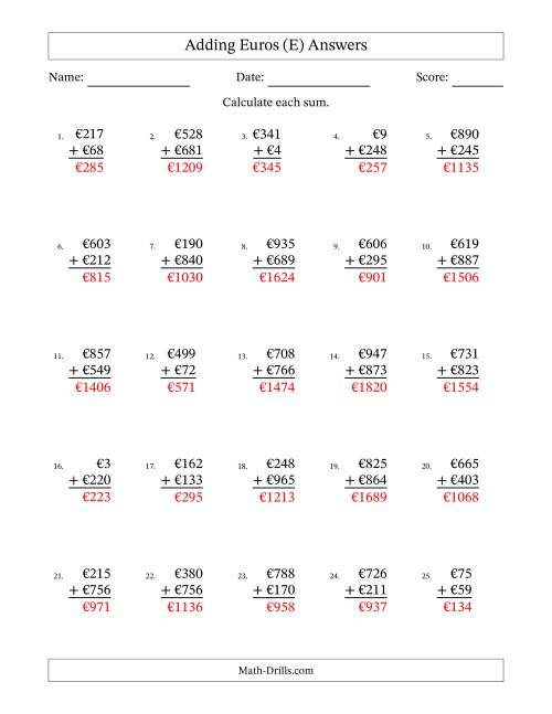 The Adding Euros With Amounts from 1 to 999 in Increments of One Euro (E) Math Worksheet Page 2