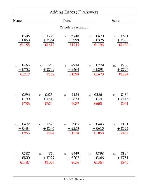 The Adding Euros With Amounts from 1 to 999 in Increments of One Euro (F) Math Worksheet Page 2