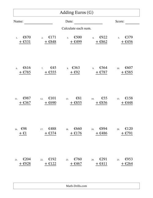 The Adding Euros With Amounts from 1 to 999 in Increments of One Euro (G) Math Worksheet