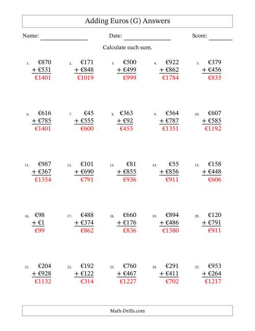 The Adding Euros With Amounts from 1 to 999 in Increments of One Euro (G) Math Worksheet Page 2