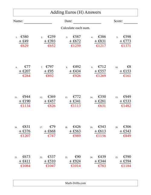 The Adding Euros With Amounts from 1 to 999 in Increments of One Euro (H) Math Worksheet Page 2