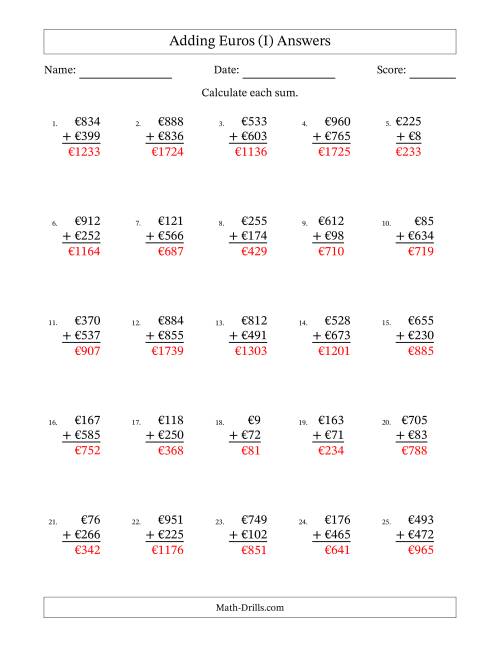 The Adding Euros With Amounts from 1 to 999 in Increments of One Euro (I) Math Worksheet Page 2