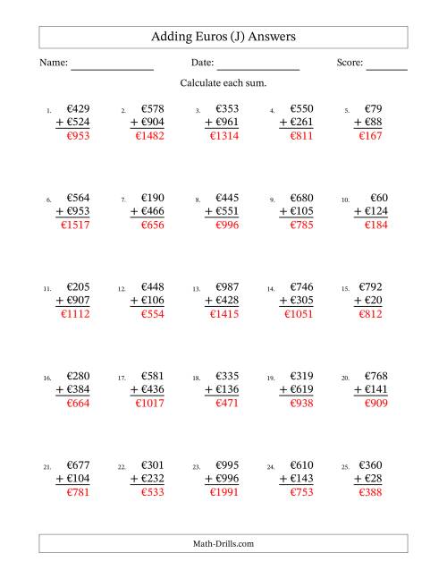 The Adding Euros With Amounts from 1 to 999 in Increments of One Euro (J) Math Worksheet Page 2