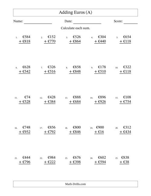 The Adding Euros With Amounts from 2 to 998 in Increments of Two Euros (A) Math Worksheet