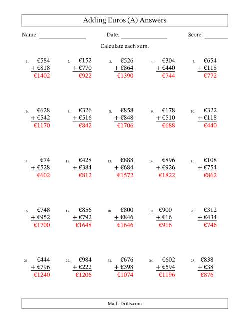 The Adding Euros With Amounts from 2 to 998 in Increments of Two Euros (A) Math Worksheet Page 2