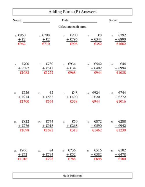 The Adding Euros With Amounts from 2 to 998 in Increments of Two Euros (B) Math Worksheet Page 2