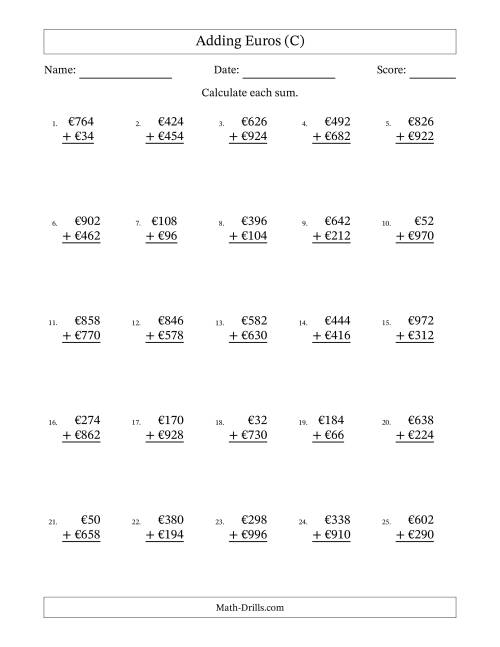 The Adding Euros With Amounts from 2 to 998 in Increments of Two Euros (C) Math Worksheet