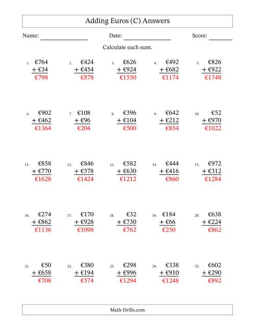 The Adding Euros With Amounts from 2 to 998 in Increments of Two Euros (C) Math Worksheet Page 2