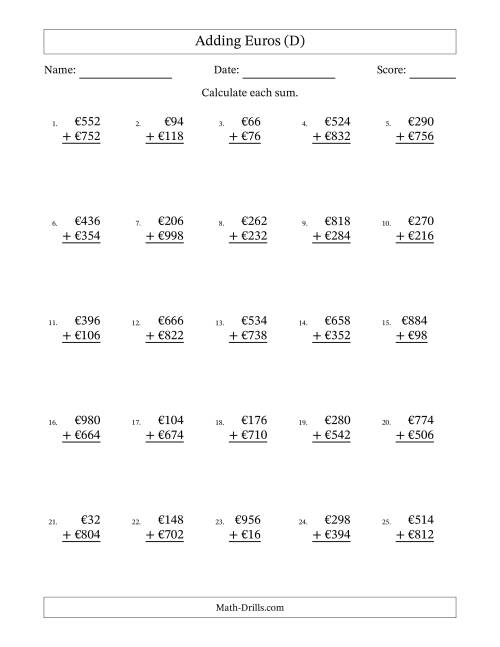 The Adding Euros With Amounts from 2 to 998 in Increments of Two Euros (D) Math Worksheet