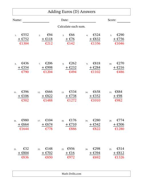 The Adding Euros With Amounts from 2 to 998 in Increments of Two Euros (D) Math Worksheet Page 2