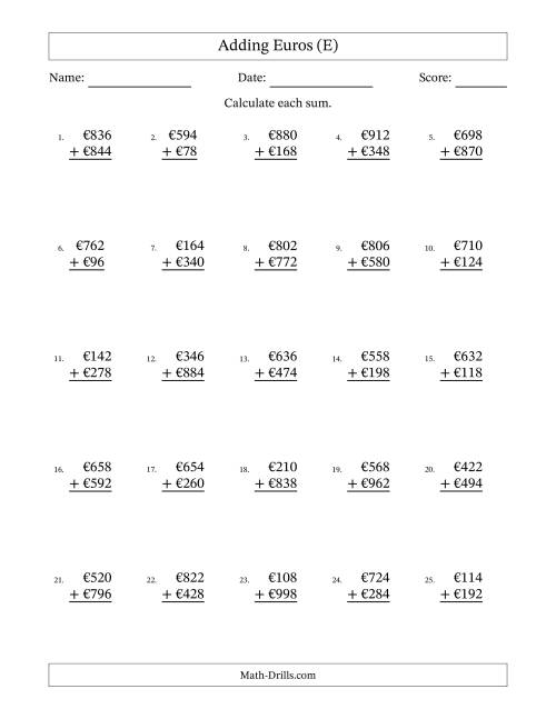 The Adding Euros With Amounts from 2 to 998 in Increments of Two Euros (E) Math Worksheet