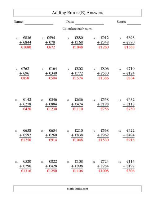 The Adding Euros With Amounts from 2 to 998 in Increments of Two Euros (E) Math Worksheet Page 2