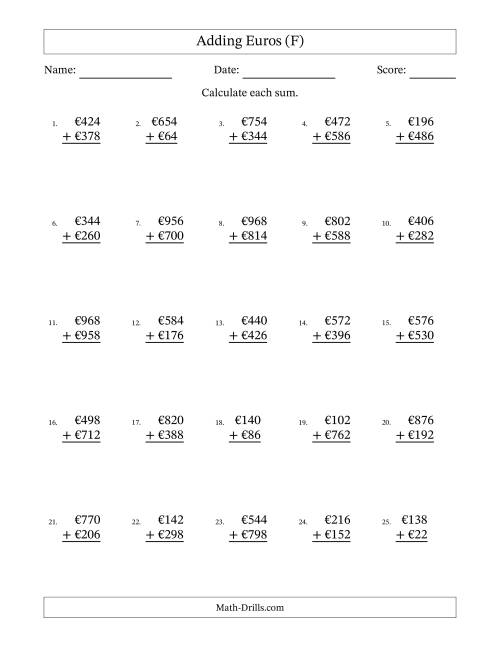 The Adding Euros With Amounts from 2 to 998 in Increments of Two Euros (F) Math Worksheet