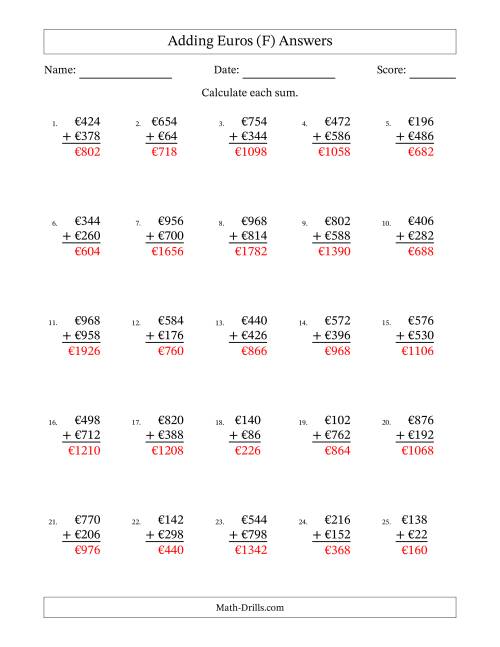 The Adding Euros With Amounts from 2 to 998 in Increments of Two Euros (F) Math Worksheet Page 2