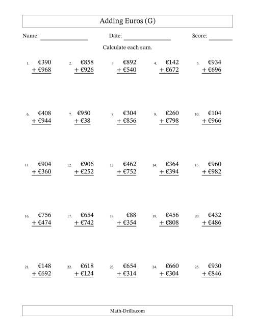 The Adding Euros With Amounts from 2 to 998 in Increments of Two Euros (G) Math Worksheet