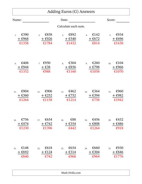 The Adding Euros With Amounts from 2 to 998 in Increments of Two Euros (G) Math Worksheet Page 2