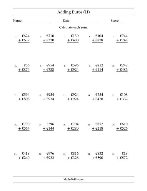 The Adding Euros With Amounts from 2 to 998 in Increments of Two Euros (H) Math Worksheet