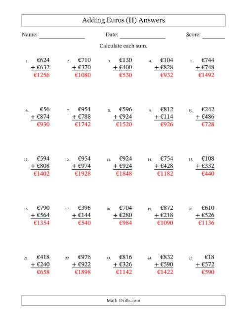 The Adding Euros With Amounts from 2 to 998 in Increments of Two Euros (H) Math Worksheet Page 2