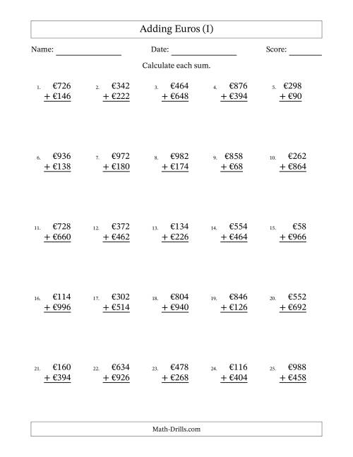 The Adding Euros With Amounts from 2 to 998 in Increments of Two Euros (I) Math Worksheet