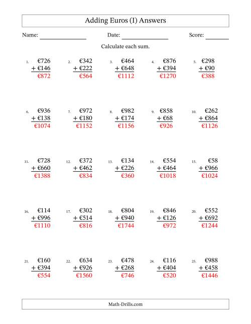 The Adding Euros With Amounts from 2 to 998 in Increments of Two Euros (I) Math Worksheet Page 2