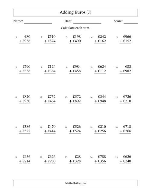 The Adding Euros With Amounts from 2 to 998 in Increments of Two Euros (J) Math Worksheet