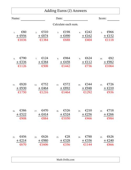 The Adding Euros With Amounts from 2 to 998 in Increments of Two Euros (J) Math Worksheet Page 2