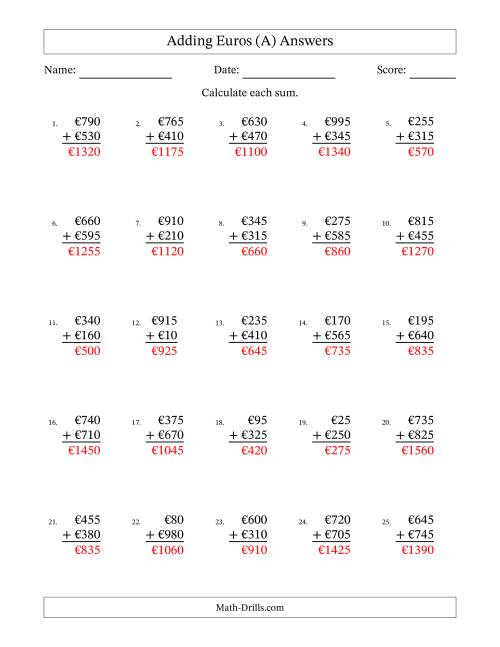 The Adding Euros With Amounts from 5 to 995 in Increments of Five Euros (A) Math Worksheet Page 2