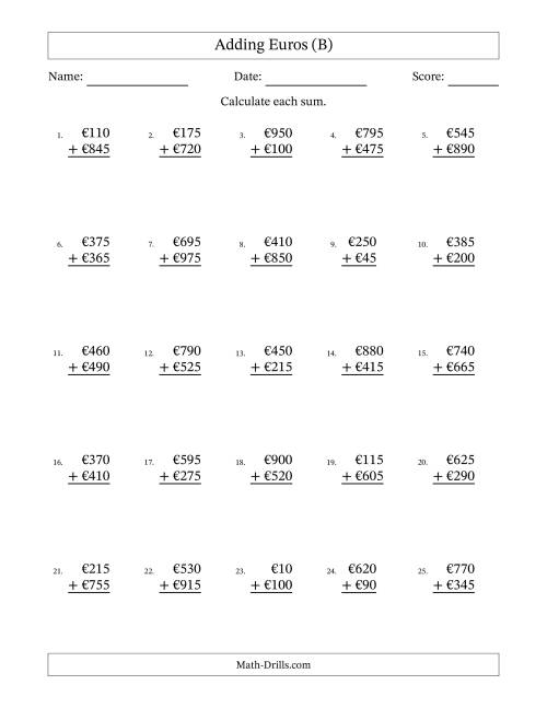 The Adding Euros With Amounts from 5 to 995 in Increments of Five Euros (B) Math Worksheet