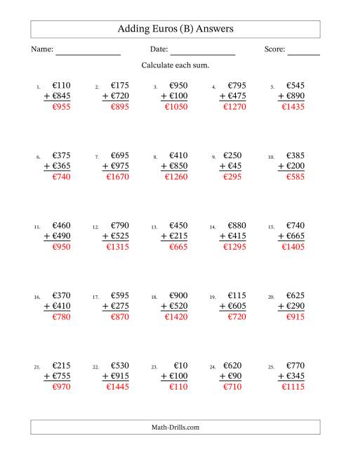 The Adding Euros With Amounts from 5 to 995 in Increments of Five Euros (B) Math Worksheet Page 2