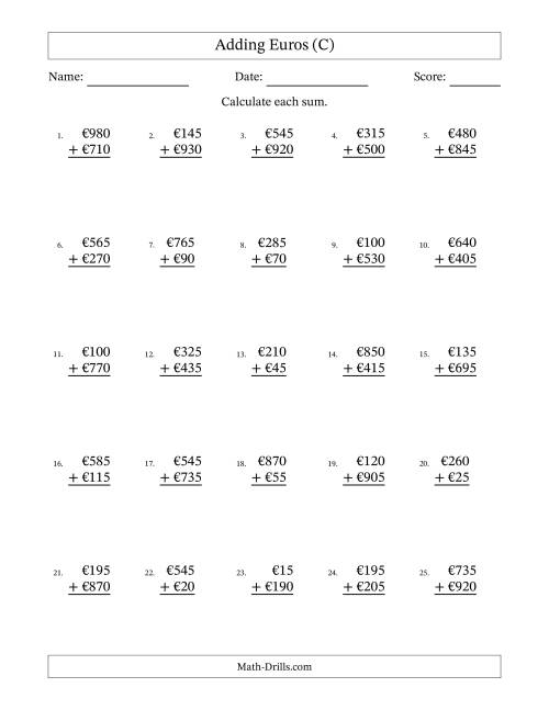 The Adding Euros With Amounts from 5 to 995 in Increments of Five Euros (C) Math Worksheet