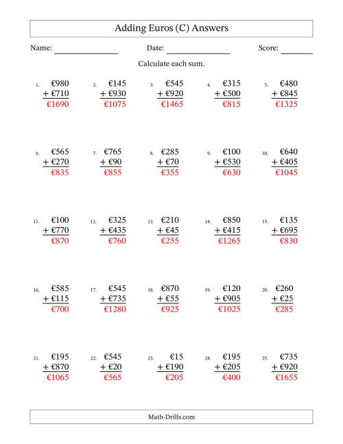 The Adding Euros With Amounts from 5 to 995 in Increments of Five Euros (C) Math Worksheet Page 2