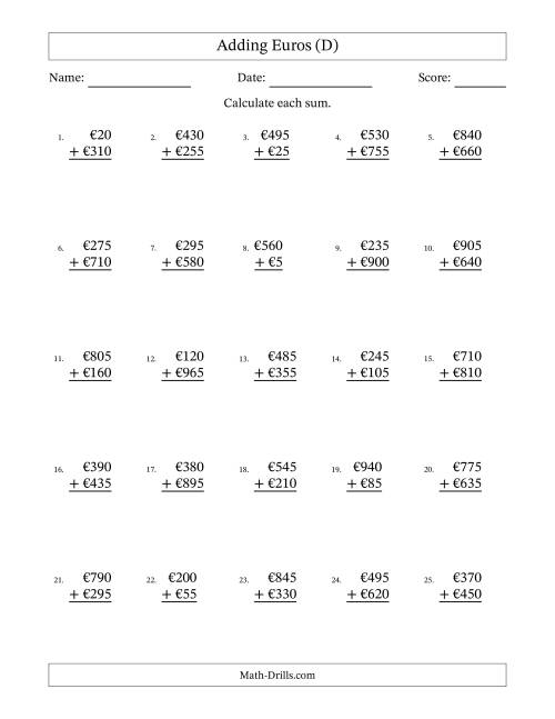 The Adding Euros With Amounts from 5 to 995 in Increments of Five Euros (D) Math Worksheet