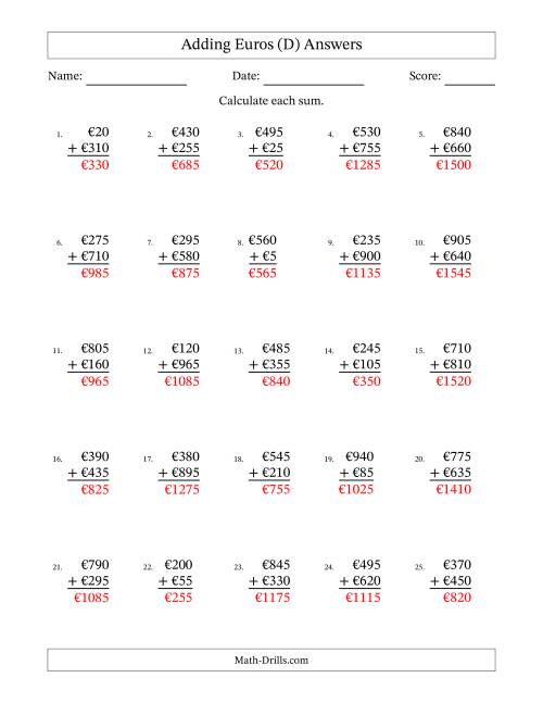 The Adding Euros With Amounts from 5 to 995 in Increments of Five Euros (D) Math Worksheet Page 2