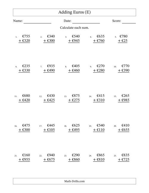 The Adding Euros With Amounts from 5 to 995 in Increments of Five Euros (E) Math Worksheet