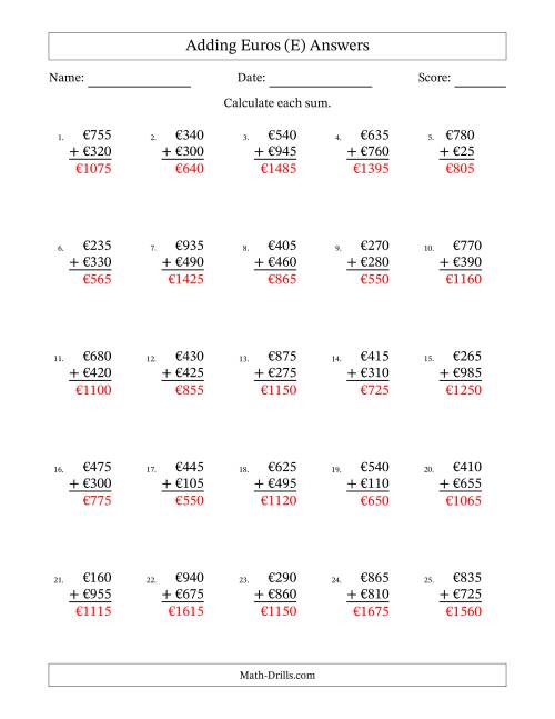 The Adding Euros With Amounts from 5 to 995 in Increments of Five Euros (E) Math Worksheet Page 2