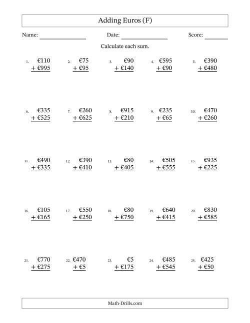 The Adding Euros With Amounts from 5 to 995 in Increments of Five Euros (F) Math Worksheet