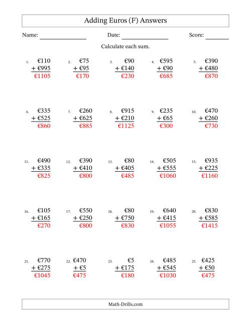 The Adding Euros With Amounts from 5 to 995 in Increments of Five Euros (F) Math Worksheet Page 2