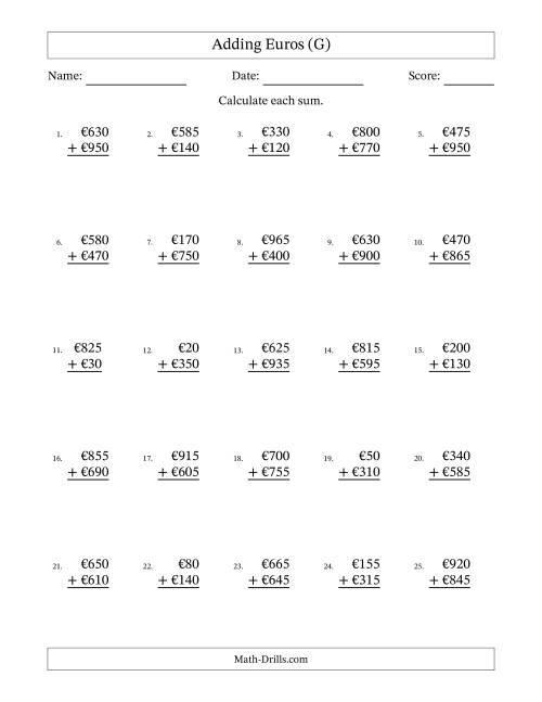 The Adding Euros With Amounts from 5 to 995 in Increments of Five Euros (G) Math Worksheet