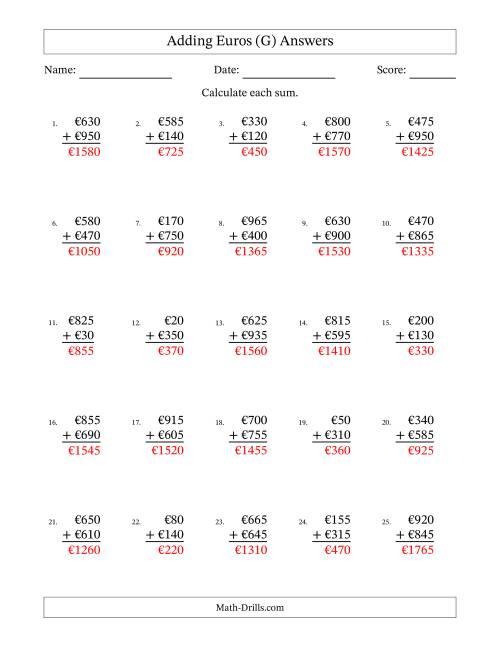 The Adding Euros With Amounts from 5 to 995 in Increments of Five Euros (G) Math Worksheet Page 2